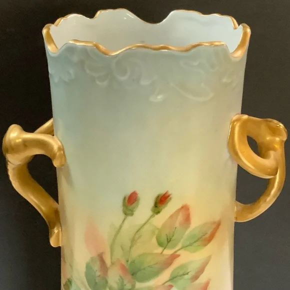 Large Vase Porcelain Roses Gold tone Trim Signed 12 inches Tall Vintage
